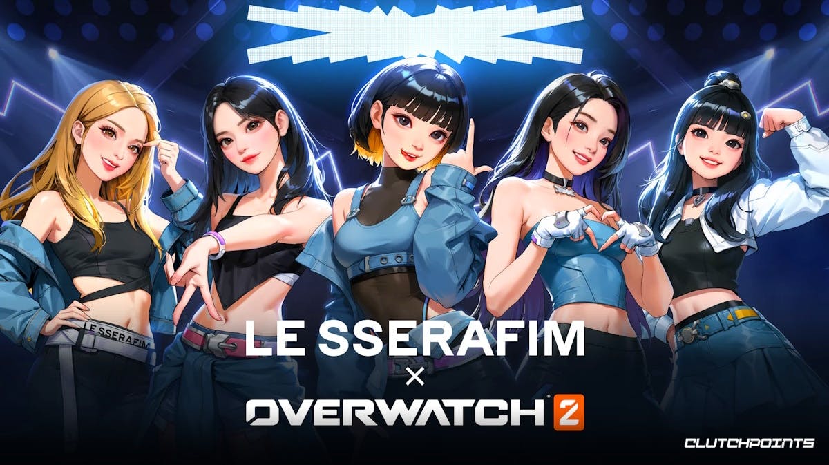 An anime-style artworrk of Le Sserafim members for their collab with Overwatch 2 complete with text of the two, ,overwatch 2 le sserafim, overwatch 2, le sserafim, overwatch 2 collab, le sserafim collab