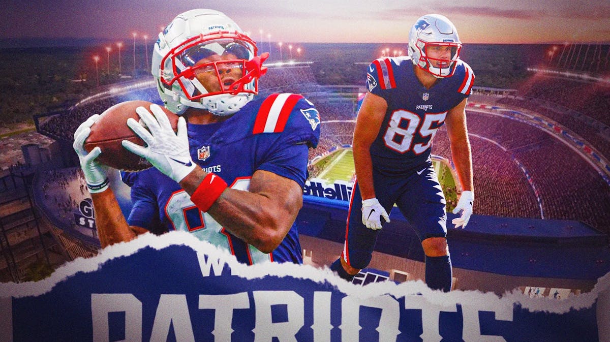 Demario Douglas and Hunter Henry playing with Patriots background behind them.