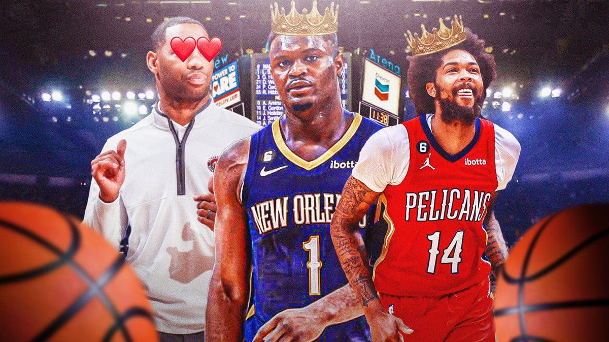 Willie Green with heart eyes coaching Pelicans looking at Zion Williamson and Brandon Ingram with crowns on their heads in pelicans jerseys in action