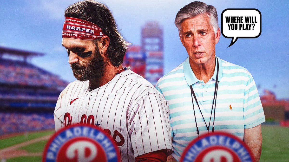 Bryce Harper in a Phillies jersey next to Dave Dombrowski Caption bubble from Dombrowkski that says “Where will you play?”