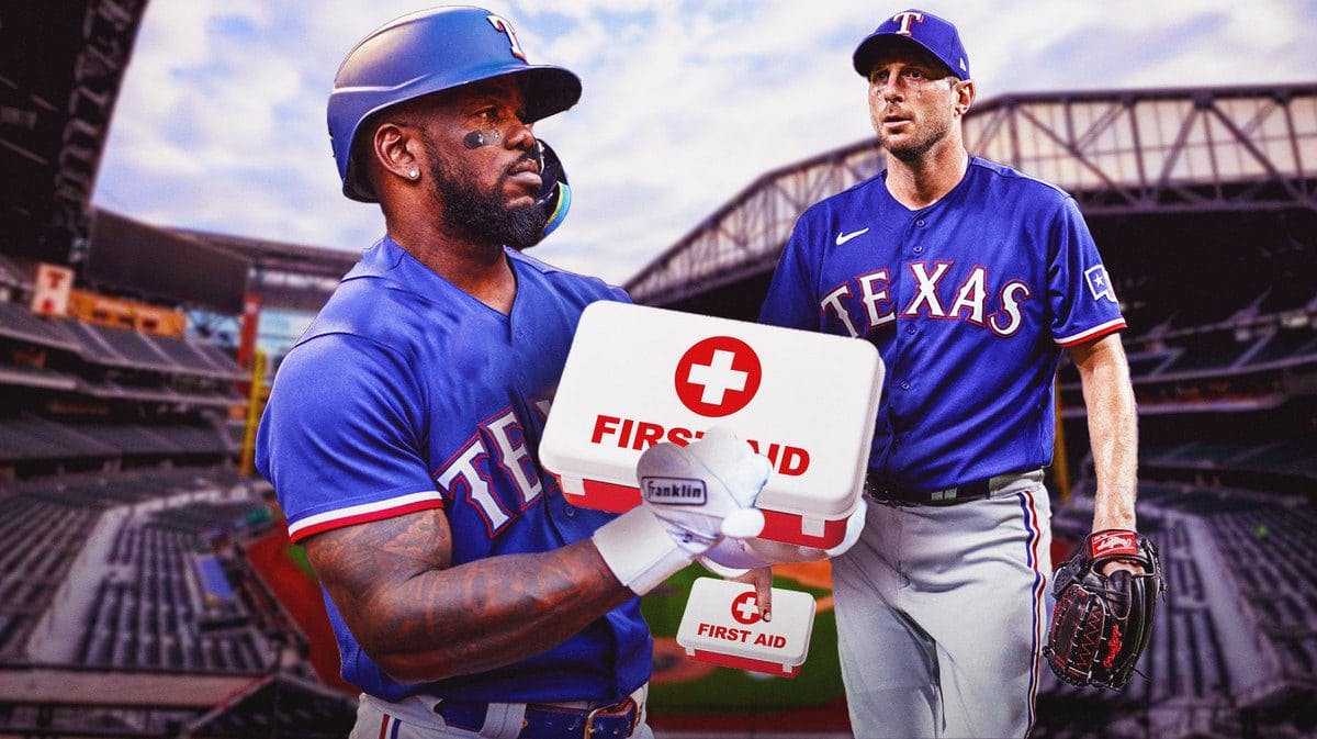 Rangers' Adolis Garcia and Max Scherzer both with animated tears while holding a first-aid kit
