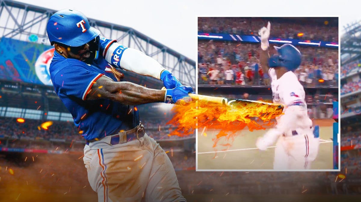 Adolis Garcia with his bat on fire, along with screenshot of walkoff homer in Rangers' World Series Game 1 win vs. Diamondbacks