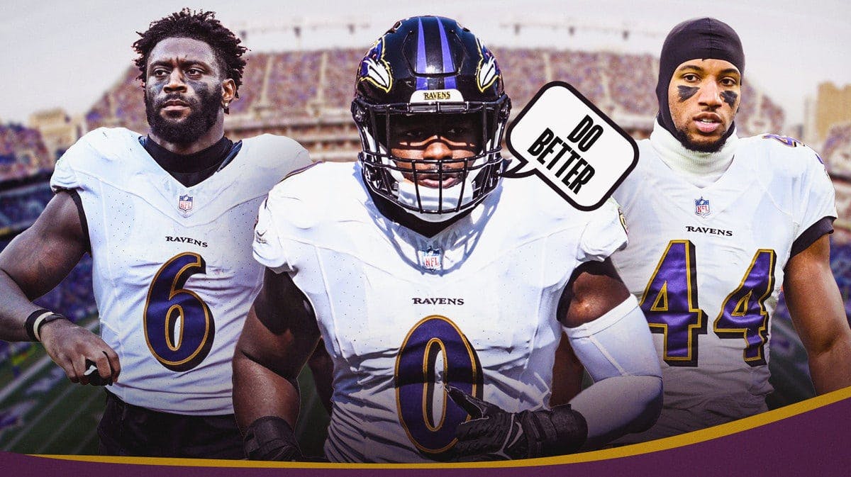 Baltimore Ravens' Roquan Smith in front of image with speech bubble “Do Better” and teammates Patrick Queen and Marlon Humphrey besides him in background of image