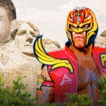 Rey Mysterio next to Mount Rushmore with Eddie Guerrero’s head over Abraham Lincoln’s face with the WWE logo on the rocks.