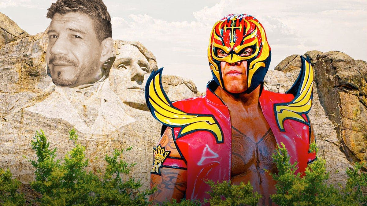 Rey Mysterio next to Mount Rushmore with Eddie Guerrero’s head over Abraham Lincoln’s face with the WWE logo on the rocks.