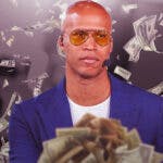 Richard Jefferson surrounded by piles of cash.