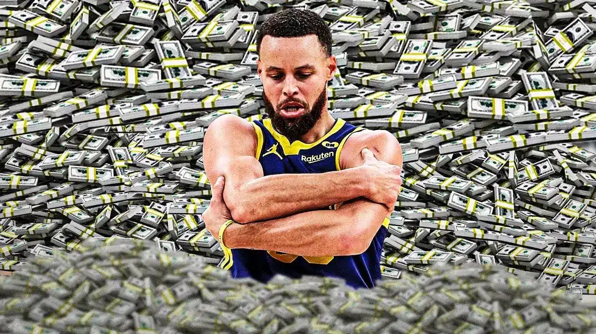 Stephen Curry surrounded by piles of cash.