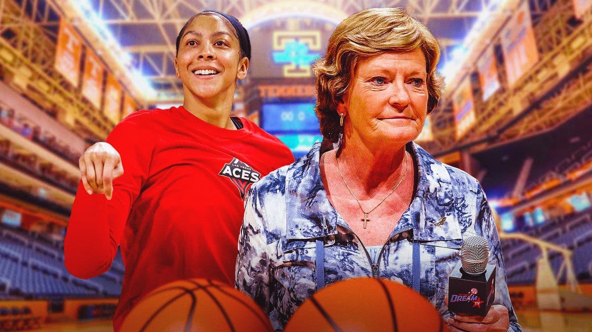 Las Vegas Aces' Candace Parker smiling next to Tennessee women's basketball head coach Patt Summitt with basketballs around them