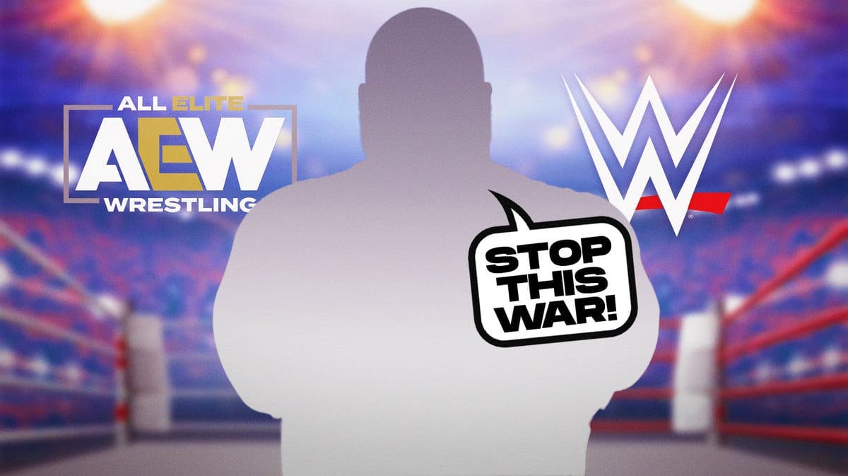 The blacked-out silhouette of Mark Henry with a text bubble reading “Stop this war!” with the AEW logo on his left and the WWE logo on his right.