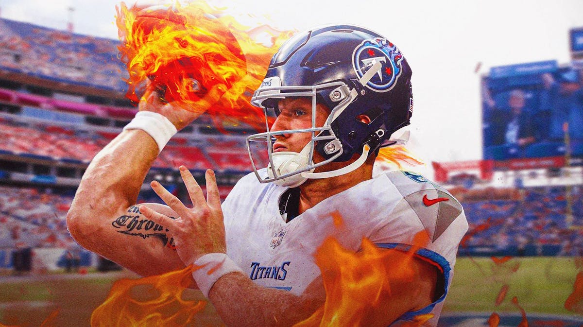 Will Levis in a Tennessee Titans jersey with fire coming off his right arm