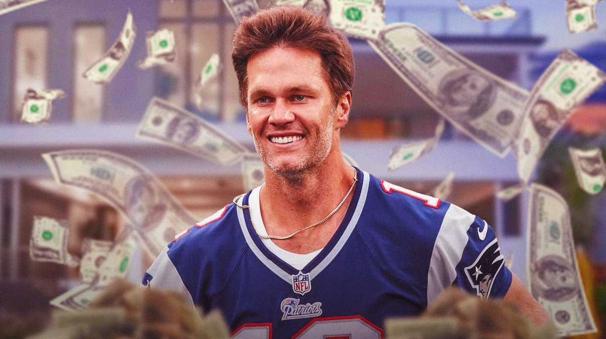 Tom Brady surrounded by piles of cash.