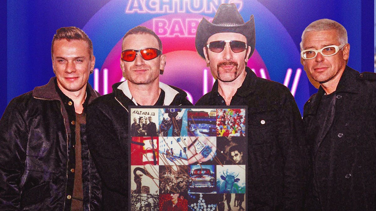 U2:UV Achtung Baby Live at Sphere, band members Larry Mullen Jr., Bono, The Edge, and Adam Clayton.