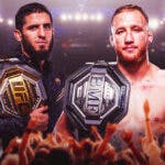 UFC stars Islam Makhachev and Justin Gaethje holding title belts