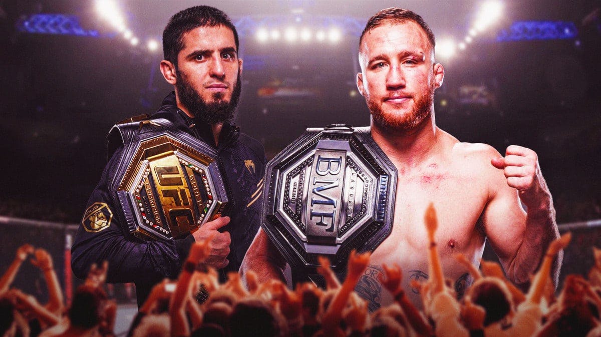 UFC stars Islam Makhachev and Justin Gaethje holding title belts