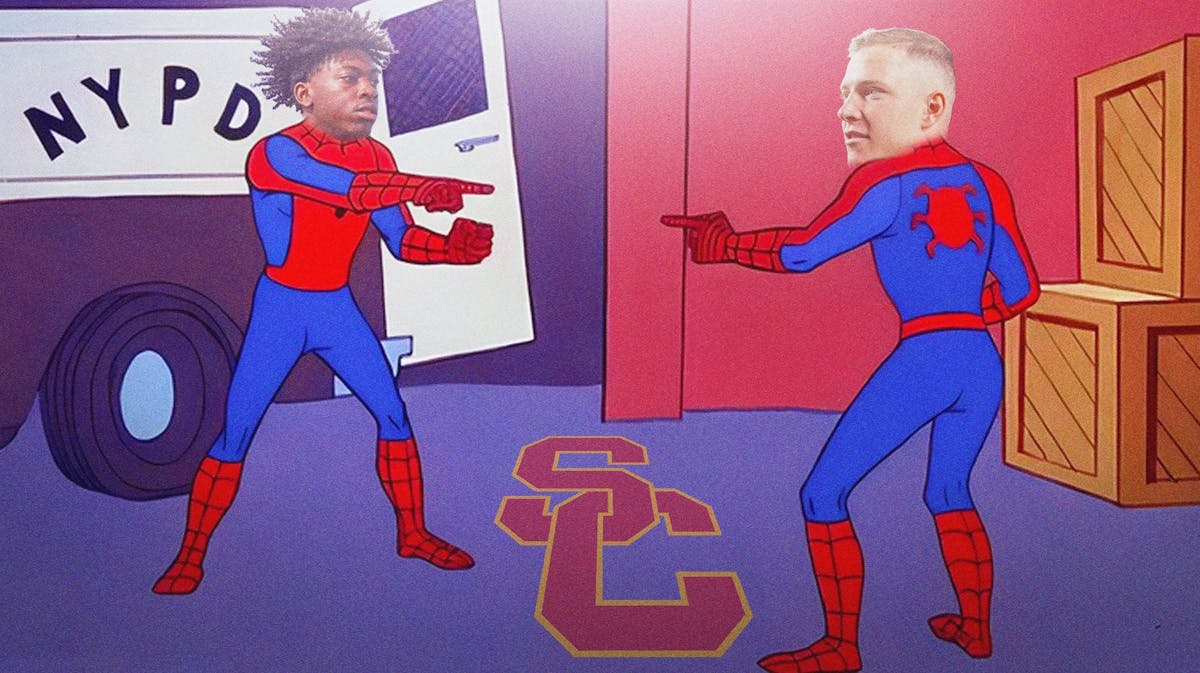 USC Football's Zachariah Branch and 49ers' Christian McCaffrey dressed as Spiderman pointing at each other
