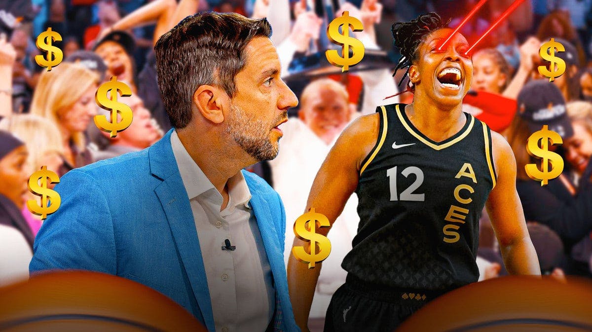 in the foreground: Clay Travis on one side of image and Aces' Chelsea Grey on another, with lasers in Grey’s eyes, and dollar signs and basketballs around them. Background of the image is the Las Vegas Aces' celebrating