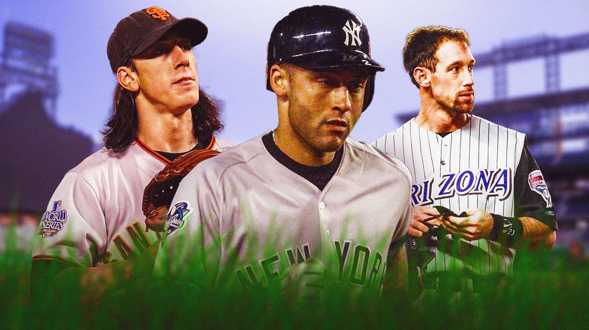 In front, image of Yankees' Derek Jeter from 2000. In background, Diamondbacks' Luis Gonzalez from 2001, Giants' Tim Lincecum from 2010
