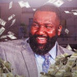 Kendrick Perkins surrounded by piles of cash.