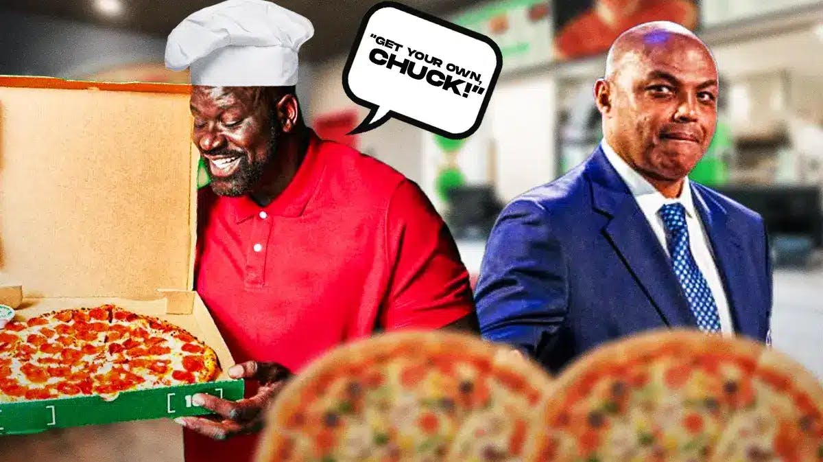 Shaquille O'Neal holding a pizza telling Barkley to get his own.
