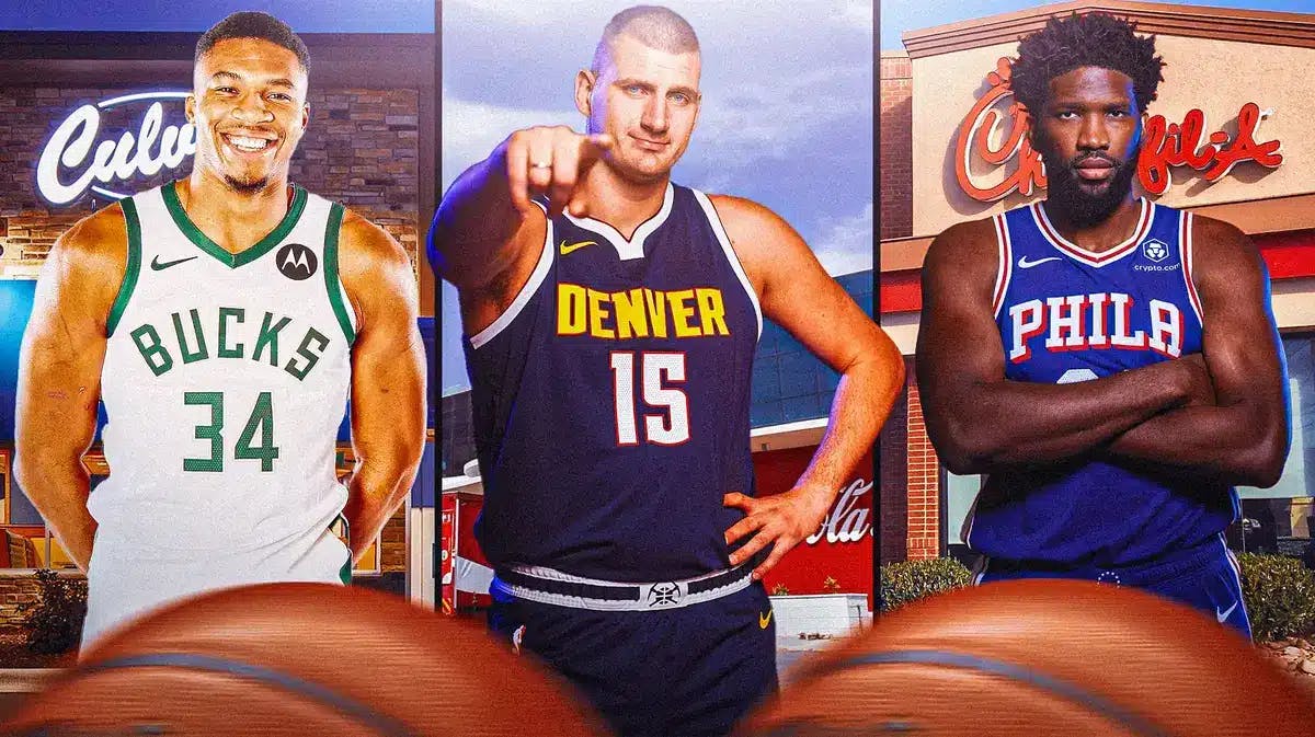 Giannis Antetokounmpo with Culver's, Nikola Jokic with Coca-Cola, and Joel Embiid with Chick-Fil-A.