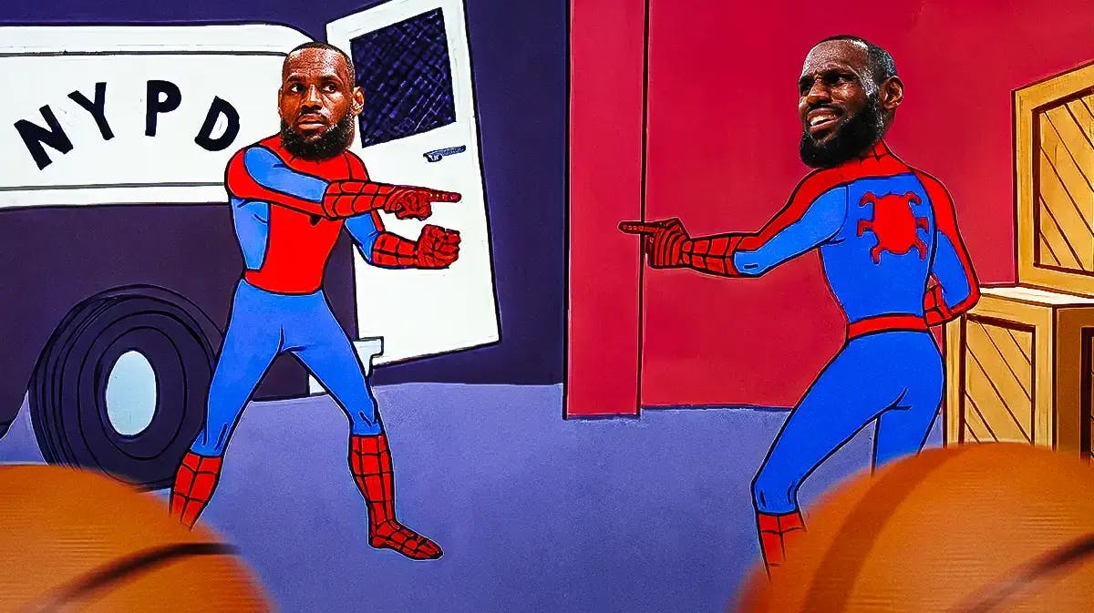 LeBron James heads on Spider Man bodies pointing at each other.