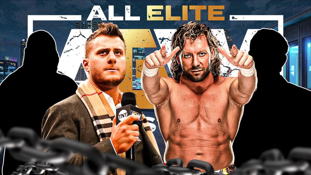MJF and Kenny Omega in the middle the the blacked-out silhouette of Mark Henry on their left and the blacked-out silhouette of Eric Bischoff on the right with the AEW Collision logo as the background.