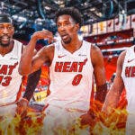 Miami Heat stars Bam Adebayo, Josh Richardson, and Kyle Lowry in front of the Kaseya Center.