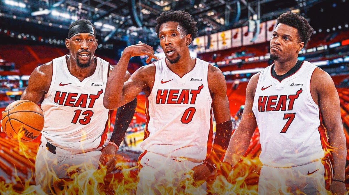 Miami Heat stars Bam Adebayo, Josh Richardson, and Kyle Lowry in front of the Kaseya Center.