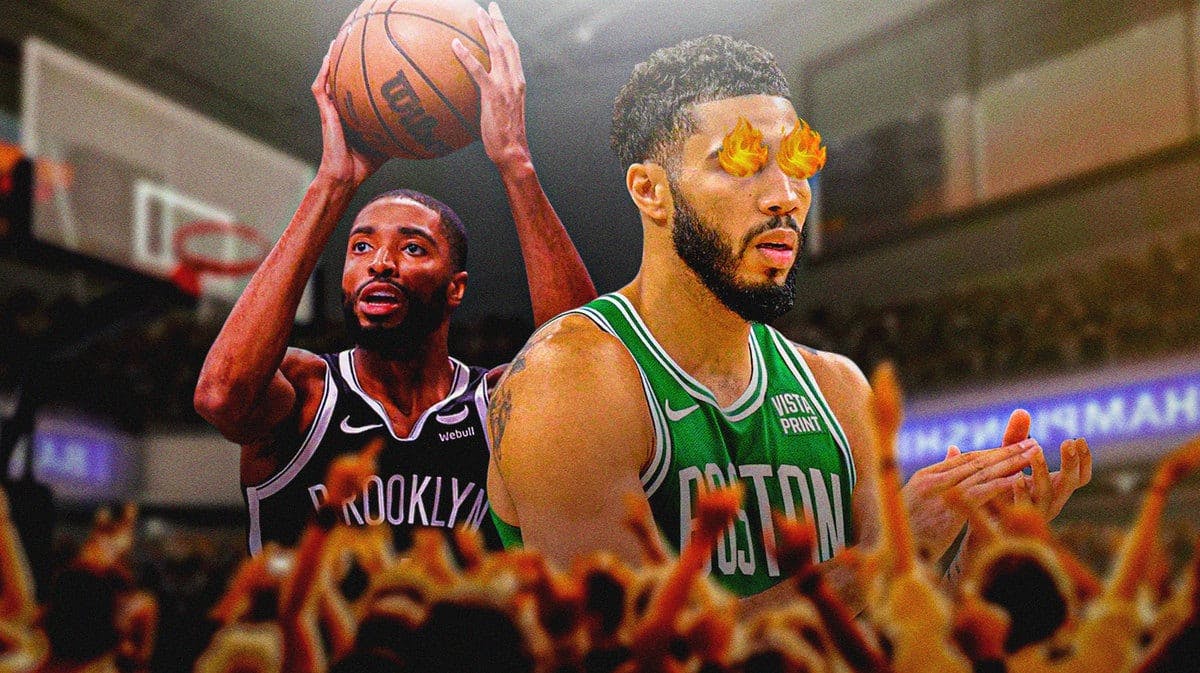 Celtics' Jayson Tatum with balls of fire in his eyes and Nets' Mikal Bridges shooting a basketball in the background