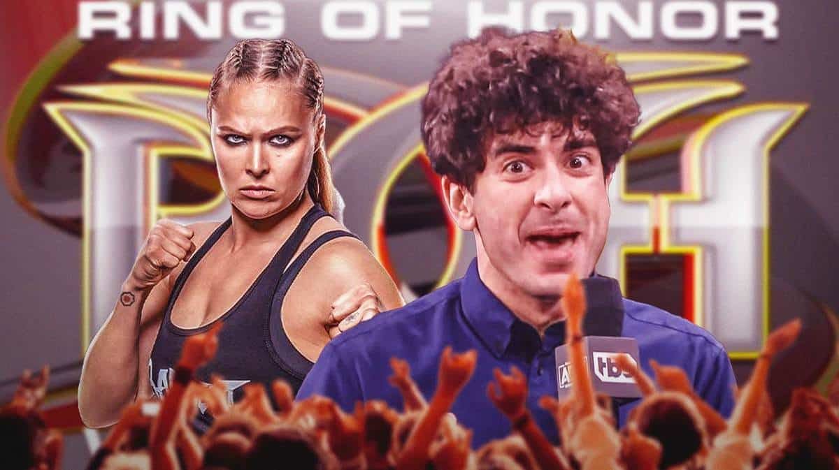 Ronda Rousey next to Tony Khan with the Ring of Honor logo behind them.
