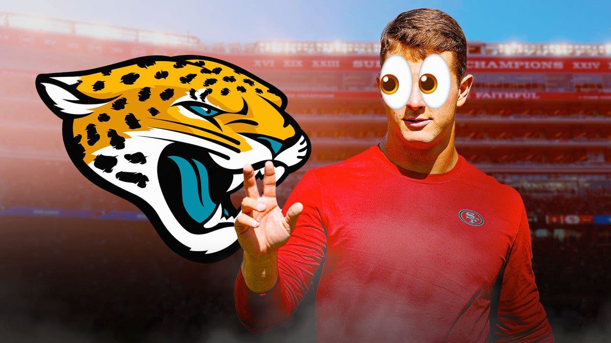 49ers QB Brock Purdy with 👀 emoji looking at Jaguars logo
