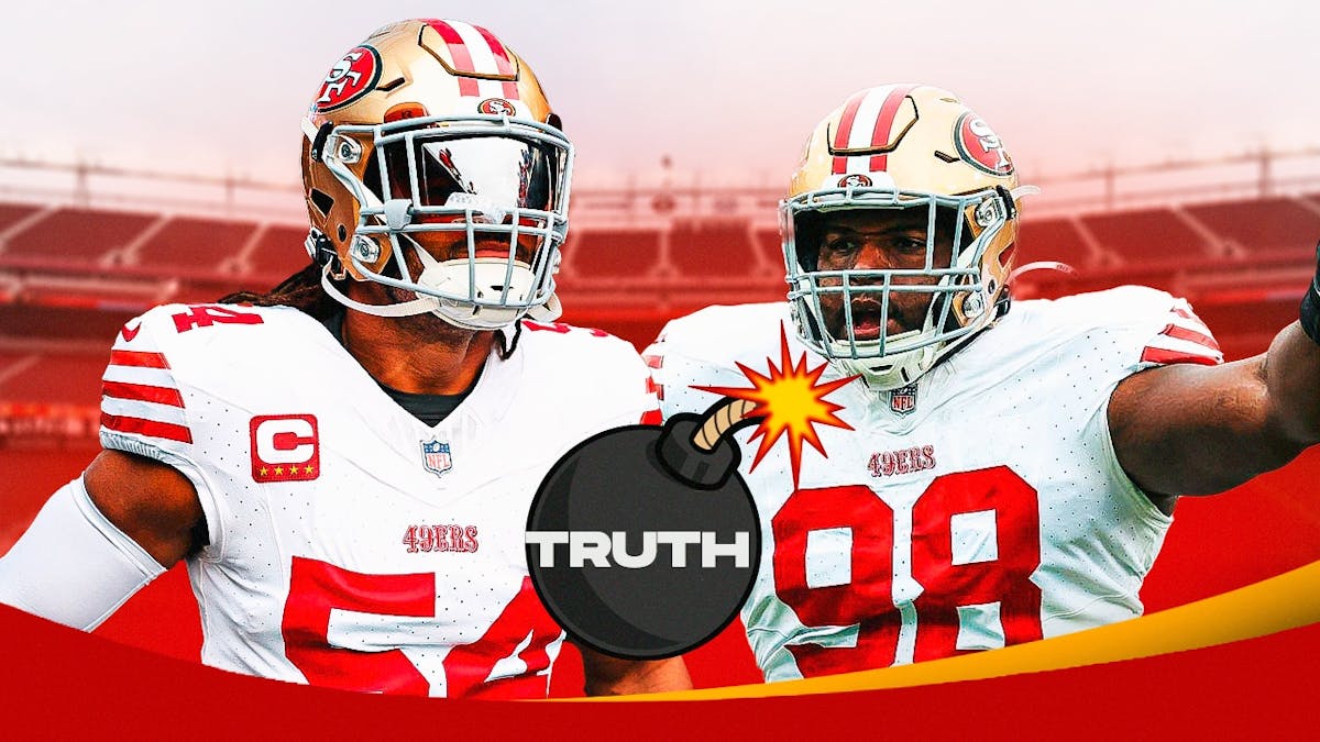 San Francisco 49ers Fred Warner and Javon Hargrave and a cartoon bomb with the label “Truth” on it in between them