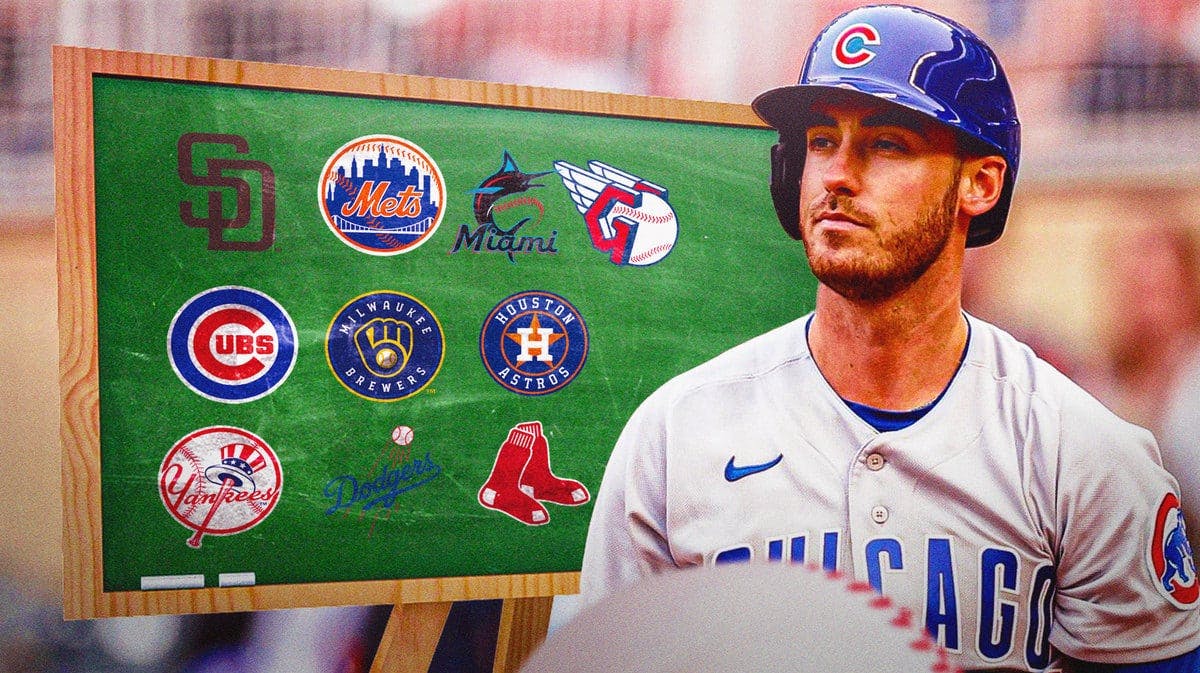 Cody Bellinger looking at a chalk board. On the board, place 10 small MLB team logos. The logos should be: New York Yankees, Mets, Dodgers, Cleveland Guardians, Cubs, Astros, Brewers, Marlins, Red Sox, and Padres