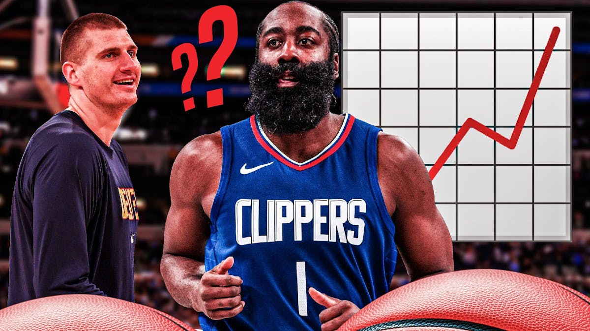 Image: Clippers' James Harden with stock up emojis and question marks all over him, with Nuggets' Nikola Jokic smiling