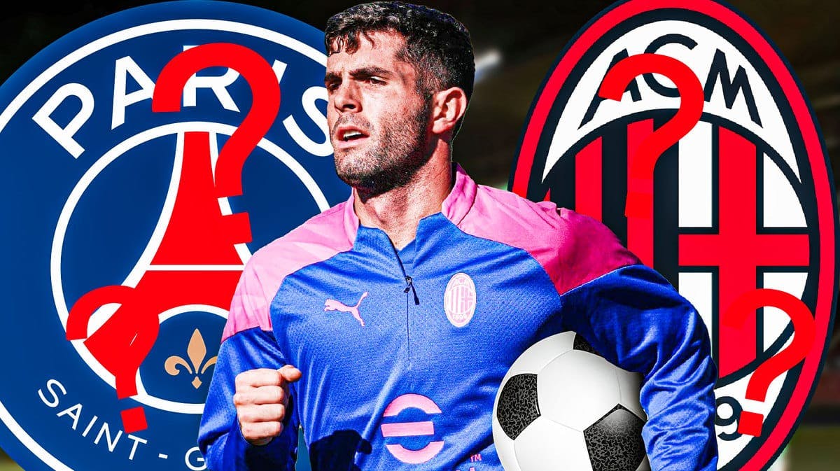 Christian Pulisic with questionmarks around him, the PSG and AC Milan logo behind him USMNT