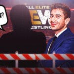 The blacked-out silhouette of Konosuke Takeshita with a text bubble reading “Why AEW?” next to Tony Khan with the AEW logo behind them.