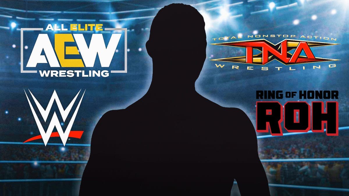 The blacked-out silhouette of Daniel Garcia with a large AEW logo and small WWE, NXT, Ring of Honor, and TNA logos around it.