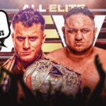 MJF with a text bubble reading “He didn’t come here to line his pockets” next to Samoa Joe with the AEW Dynamite logo as the background.