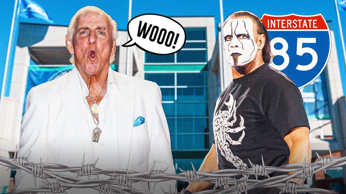 Ric Flair with a text bubble reading “Wooo!” next to Sting with the Highway 85 sign and the Greensboro Coliseum as the background.