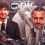 Tony Khan with a text bubble reading “Nope” next to an elephant with CM Punk’s face on it with the AEW All In logo as the background.