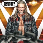 Adam Copeland with a text bubble reading “Traitor?” with the WWE logo as the background.