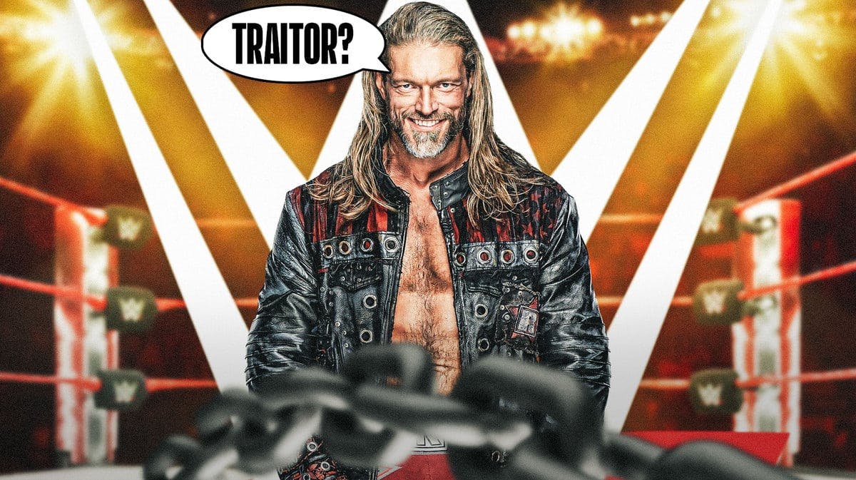 Adam Copeland with a text bubble reading “Traitor?” with the WWE logo as the background.
