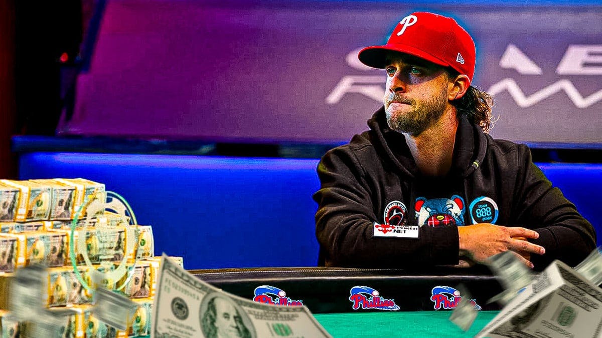 Aaron Nola of the Phillies as a poker player looking at money