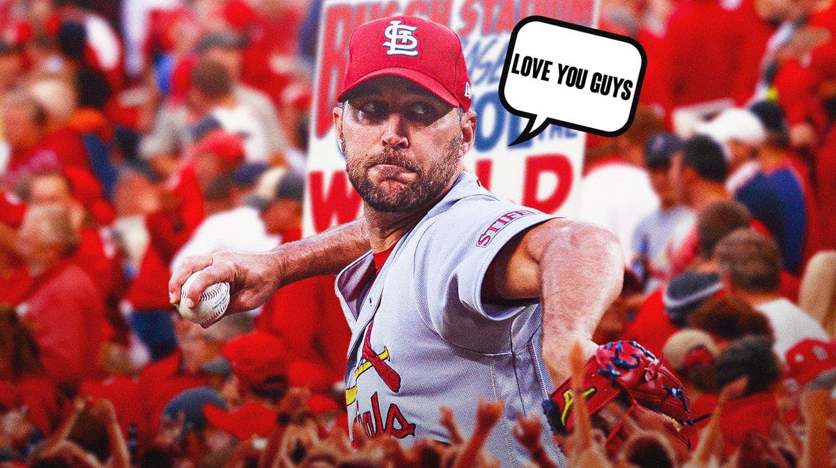 Adam Wainwright in St. Louis Cardinals jersey saying “Love you guys” have St. Louis Cardinals in background celebrating