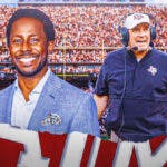 Photo: Desmond Howard with suit on furious, looking at Jimbo Fisher with Texas A&M gear