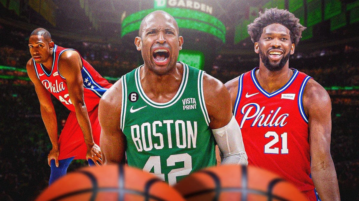 Al Horford hyped up in a Celtics uniform, with Horford looking sad in a Sixers uniform alongside Joel Embiid (2019 version) on the side
