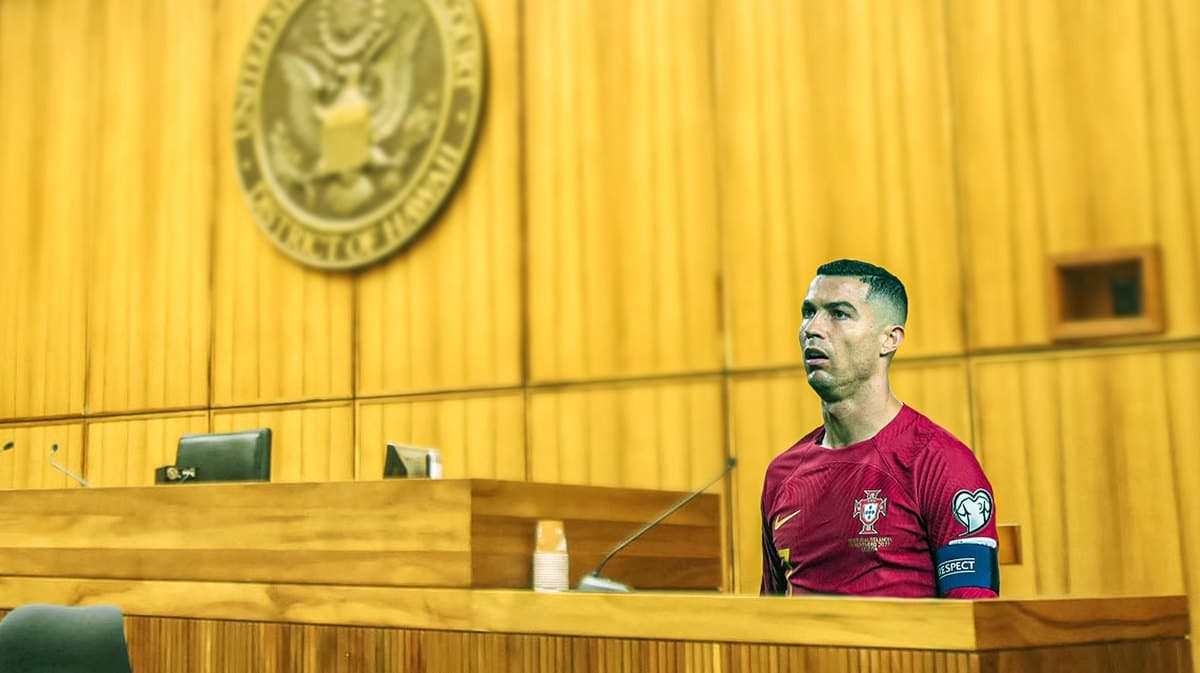 Cristiano Ronaldo sitting in a courthouse