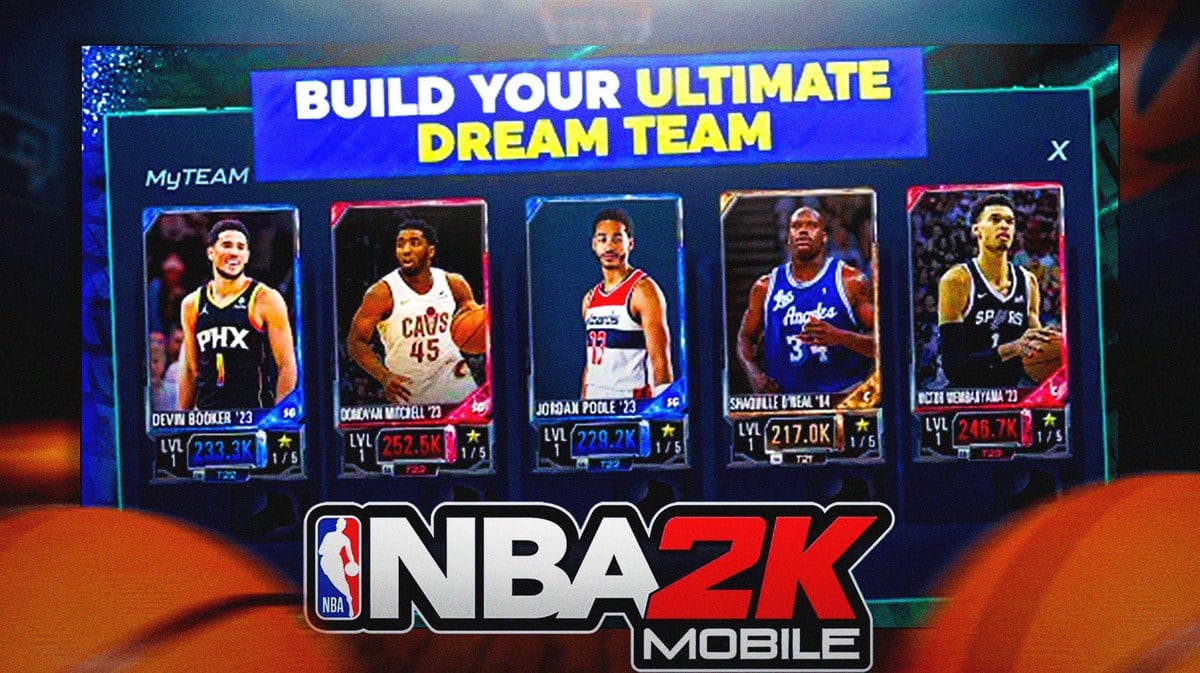 NBA 2K Mobile MyTeam overlay with Devin Booker, Donovan Mitchell, Jordan Poole, Shaquille O'Neal, Victor Wembanyama
