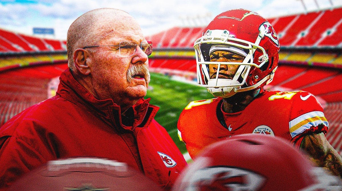 Photo: Andy Reid in Chiefs gear mad with Marquez Valdes-Scantling in Chiefs uniform