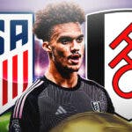 Antonee Robinson in front of the USMNT and Fulham logos